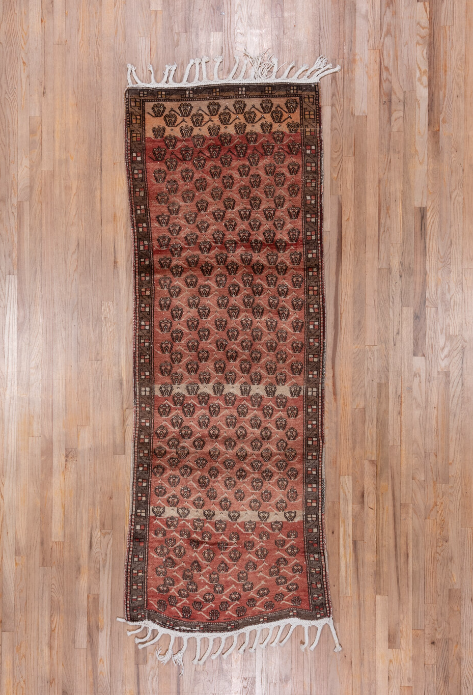 3' x 8' one-of-a-kind handmade vintage Oushak runner rug. Color palette: brown, gray, light gray, off-white, orange, pink