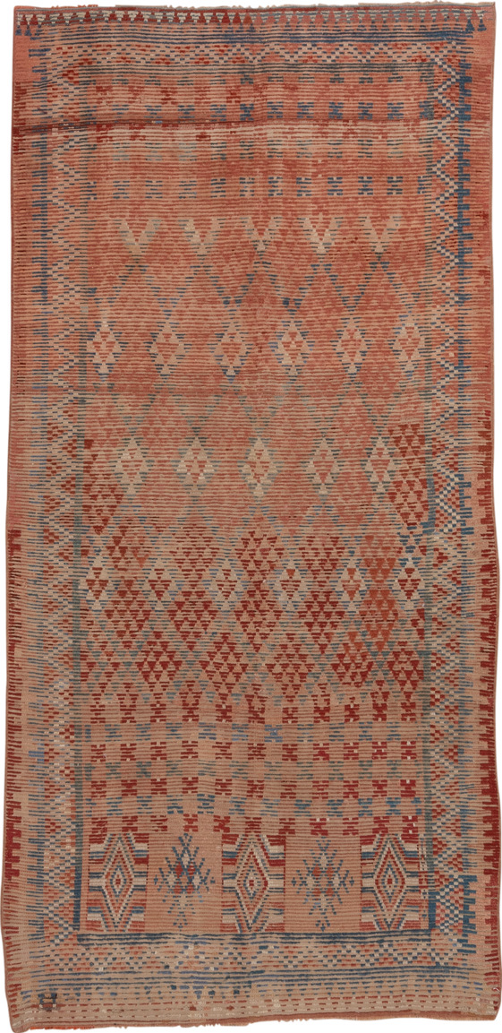 4' x 9' one-of-a-kind handmade vintage Moroccan runner rug. Color palette: blue, brown, gray, pink