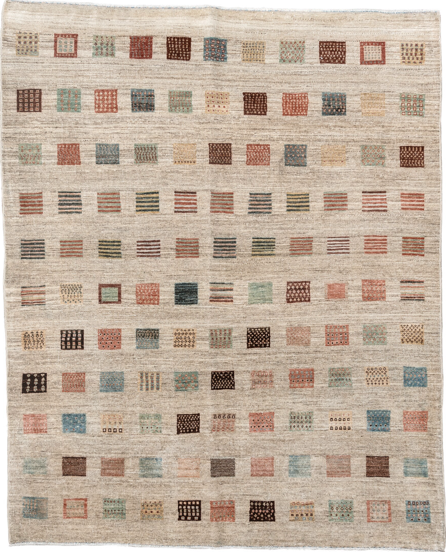 5' x 6' one-of-a-kind handmade vintage Gabbe rug. Color palette: antiquewhite, black, brown, gray, light gray, off-white