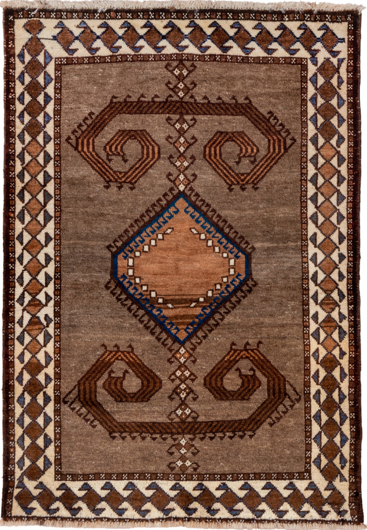 3' x 4' one-of-a-kind handmade vintage Gabbe small size rug. Color palette: blue, brown, gray, off-white, orange, pink