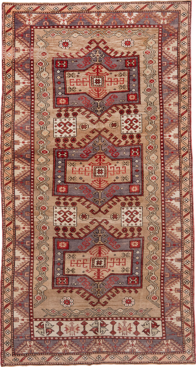 5' x 10' one-of-a-kind handmade vintage Kars medium size rug. Color palette: brown, gray, off-white, orange, pink, red