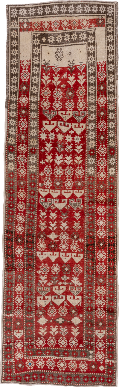 4' x 13' one-of-a-kind handmade vintage Caucasian runner rug. Color palette: brown, gray, pink, red