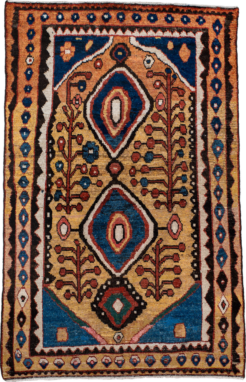 4' x 6' one-of-a-kind handmade vintage Gabbe small size rug. Color palette: blue, brown, gray, light gray, off-white, orange