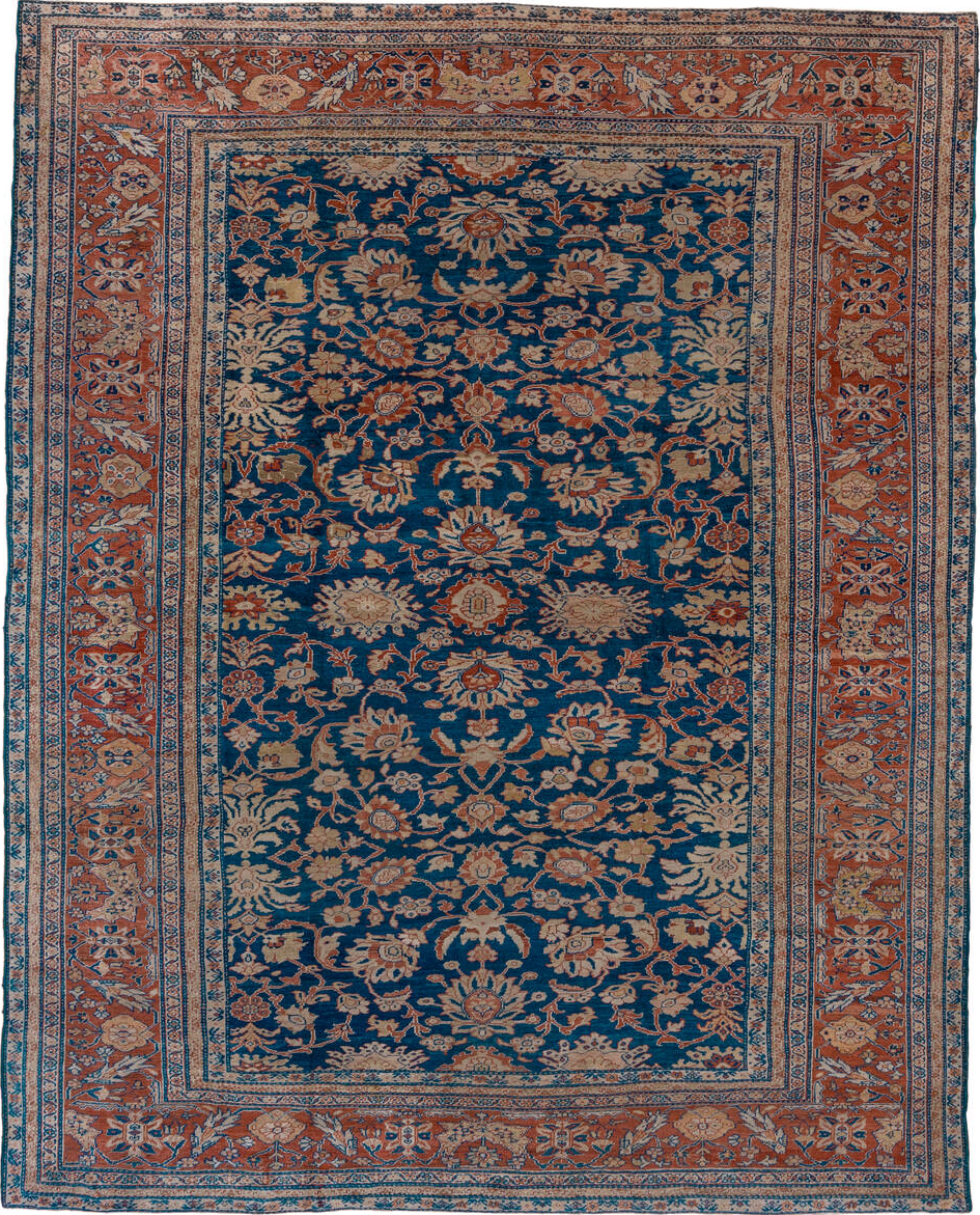 10' x 12' one-of-a-kind handmade vintage Sultanabad large size rug. Color palette: black, blue, brown, dark gray, gray