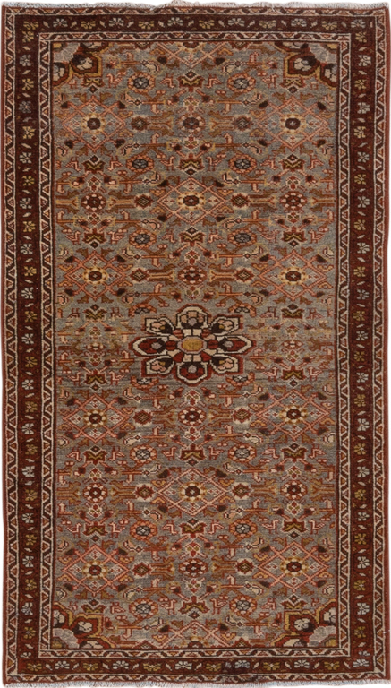 2' x 4' one-of-a-kind handmade vintage Malayer small size rug. Color palette: brown, gray, light gray, off-white, pink