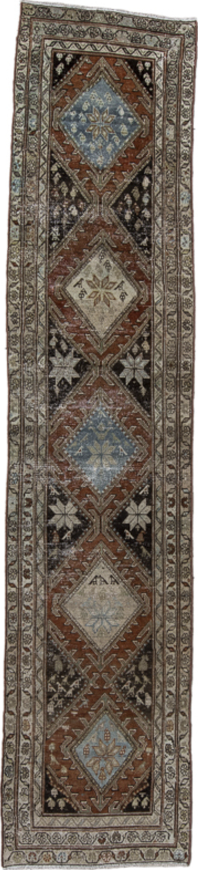 2' x 12' one-of-a-kind handmade vintage Malayer runner rug. Color palette: black, blue, brown, charcoal, dim gray, gray