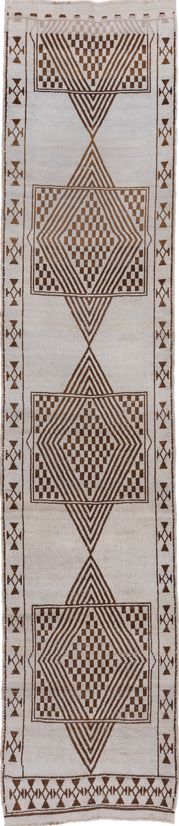 2' x 12' one-of-a-kind handmade vintage Kars runner rug. Color palette: brown, dark gray, gray, light gray, off-white, pink