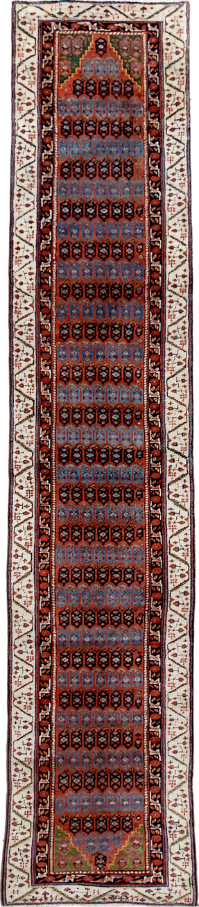 2' x 12' one-of-a-kind handmade vintage NW Persian runner rug. Color palette: black, blue, brown, gray, pink, red, redwood