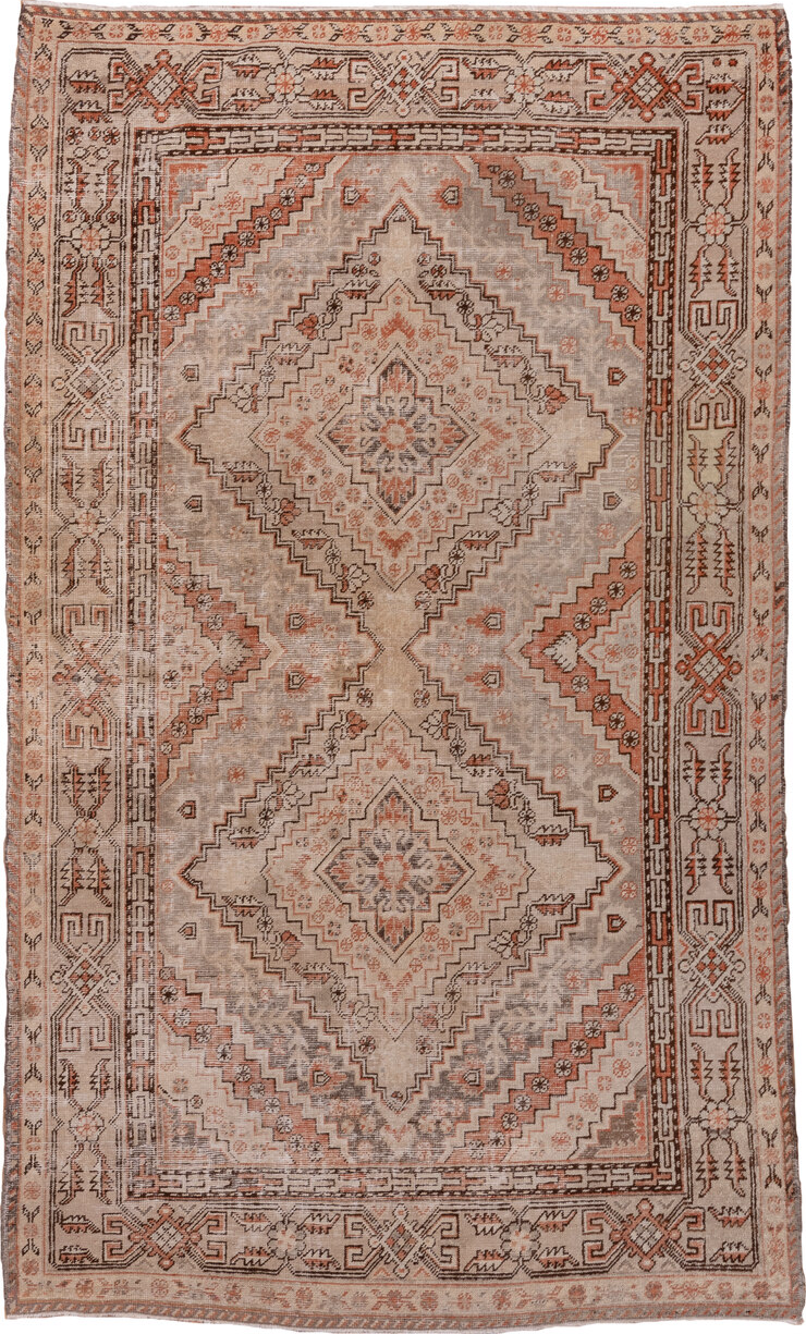 5' x 9' one-of-a-kind handmade vintage Khotan medium size rug. Color palette: brown, gray, light gray, off-white, pink