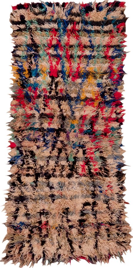 2' x 5' one-of-a-kind handmade vintage Rag Rug small size rug. Color palette: black, blue, brown, dim gray, gray, orange