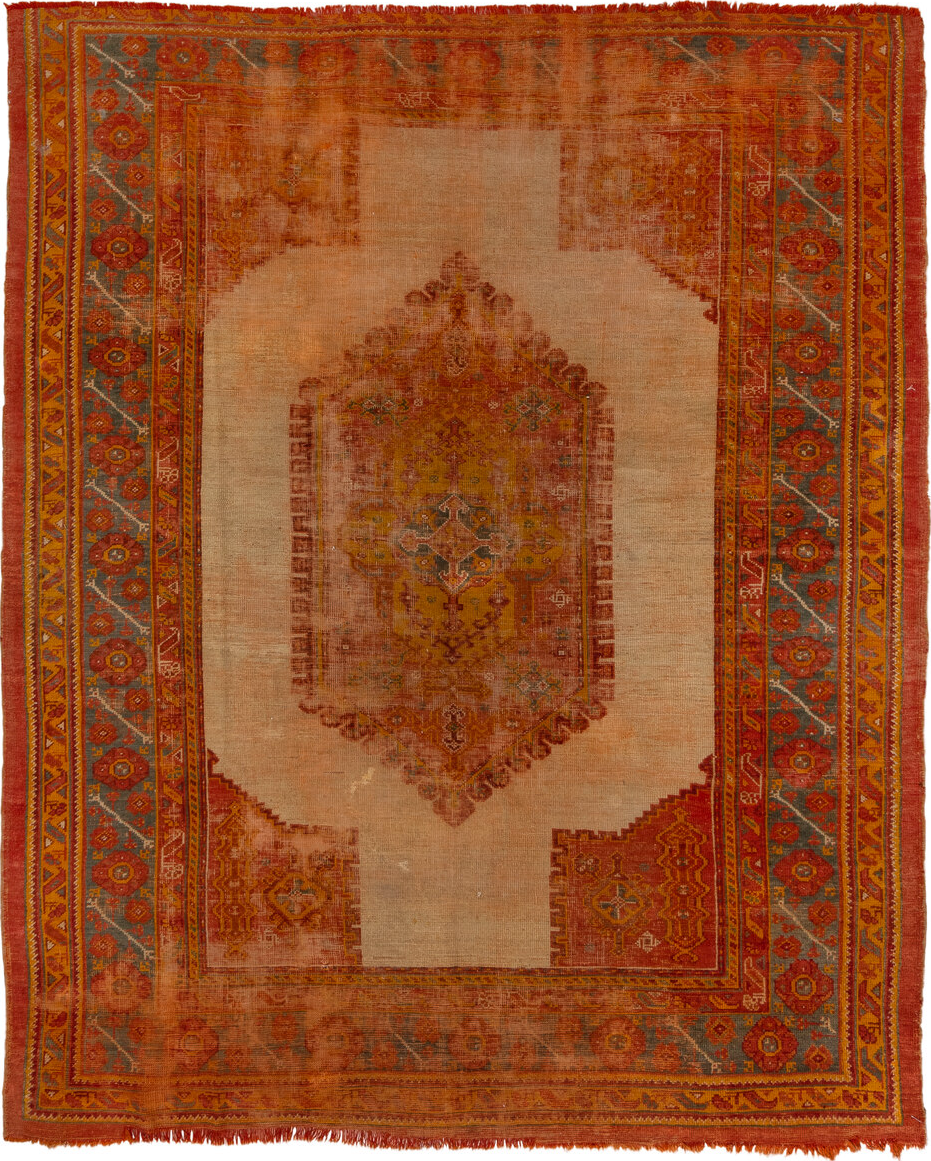 8' x 9' one-of-a-kind handmade vintage Oushak rug. Color palette: brown, light gray, off-white, pink, red