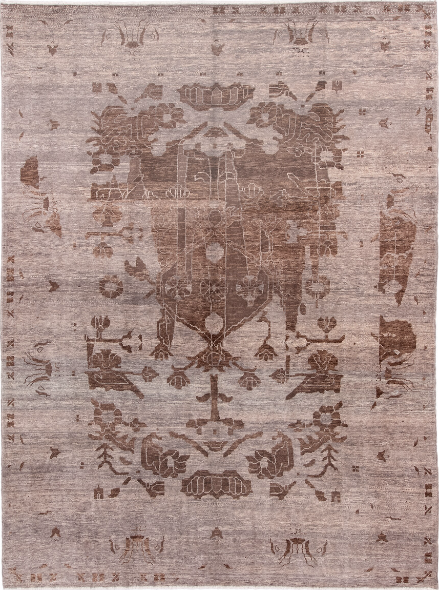 9' x 12' one-of-a-kind handmade vintage Moroccan large size rug. Color palette: brown, gray, light gray, off-white, pink