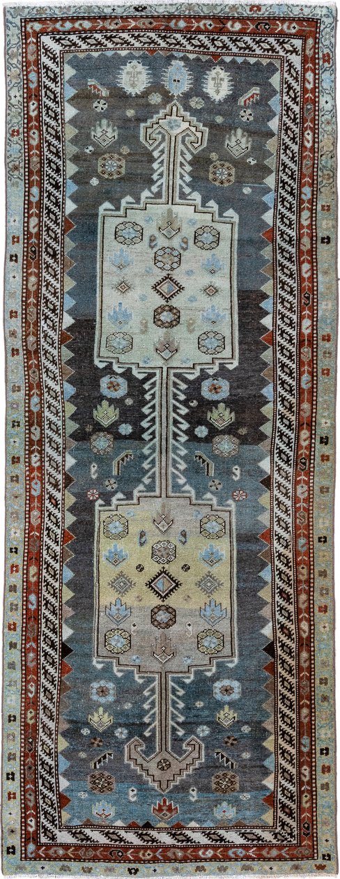 4' x 10' one-of-a-kind handmade vintage Kurd runner rug. Color palette: black, blue, brown, charcoal, dark gray, gray