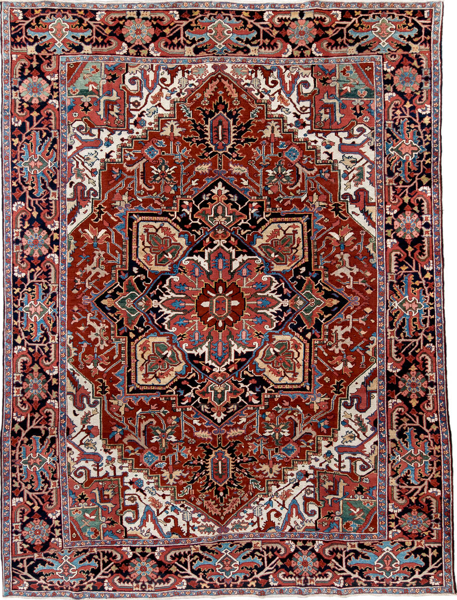 9' x 12' one-of-a-kind handmade vintage Heriz large size rug. Color palette: blue, brown, gray, light gray, off-white