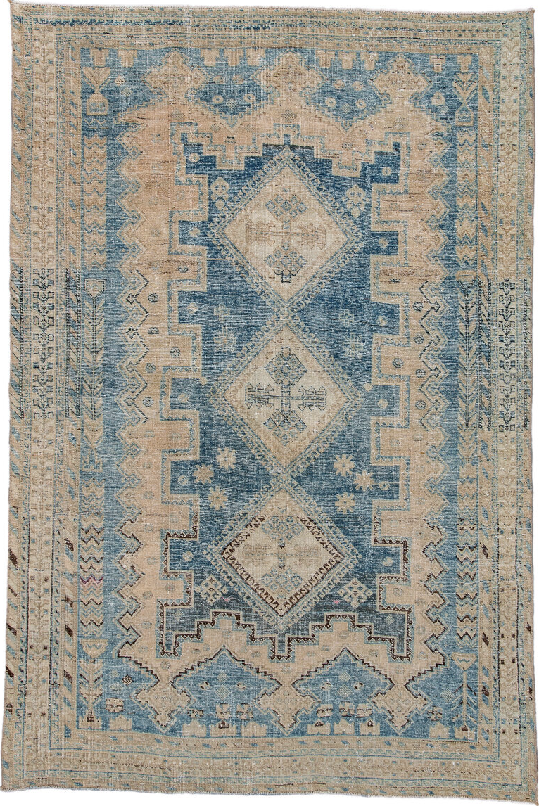4' x 6' one-of-a-kind handmade vintage Afshar small size rug. Color palette: blue, brown, gray, light gray, off-white