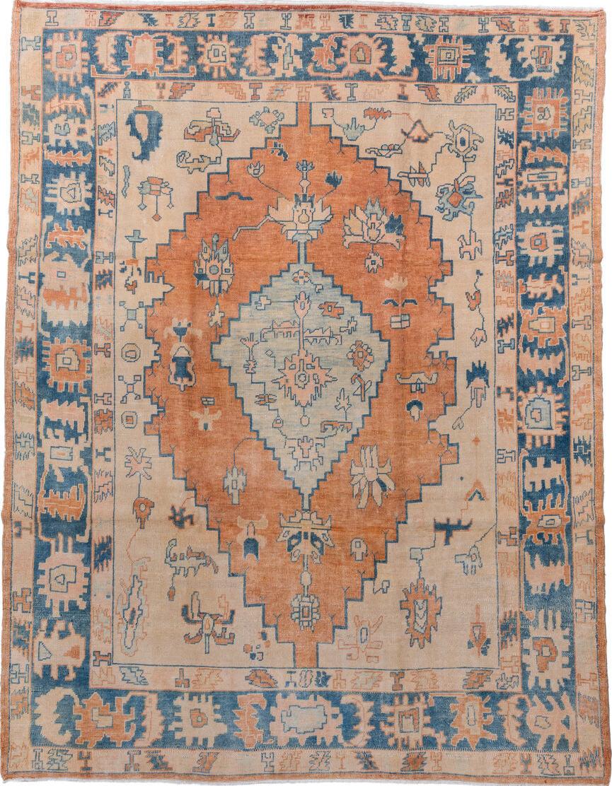 7' x 10' one-of-a-kind handmade vintage Oushak large size rug. Color palette: arapawa, black, blue, brown, dim gray