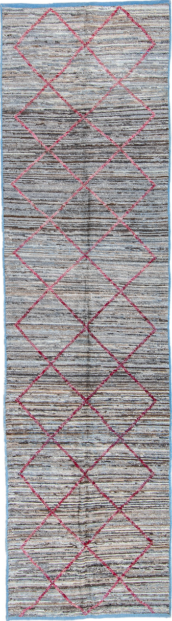 2' x 10' one-of-a-kind handmade vintage Tulu runner rug. Color palette: black, blue, brown, gainsboro, gray, light blue