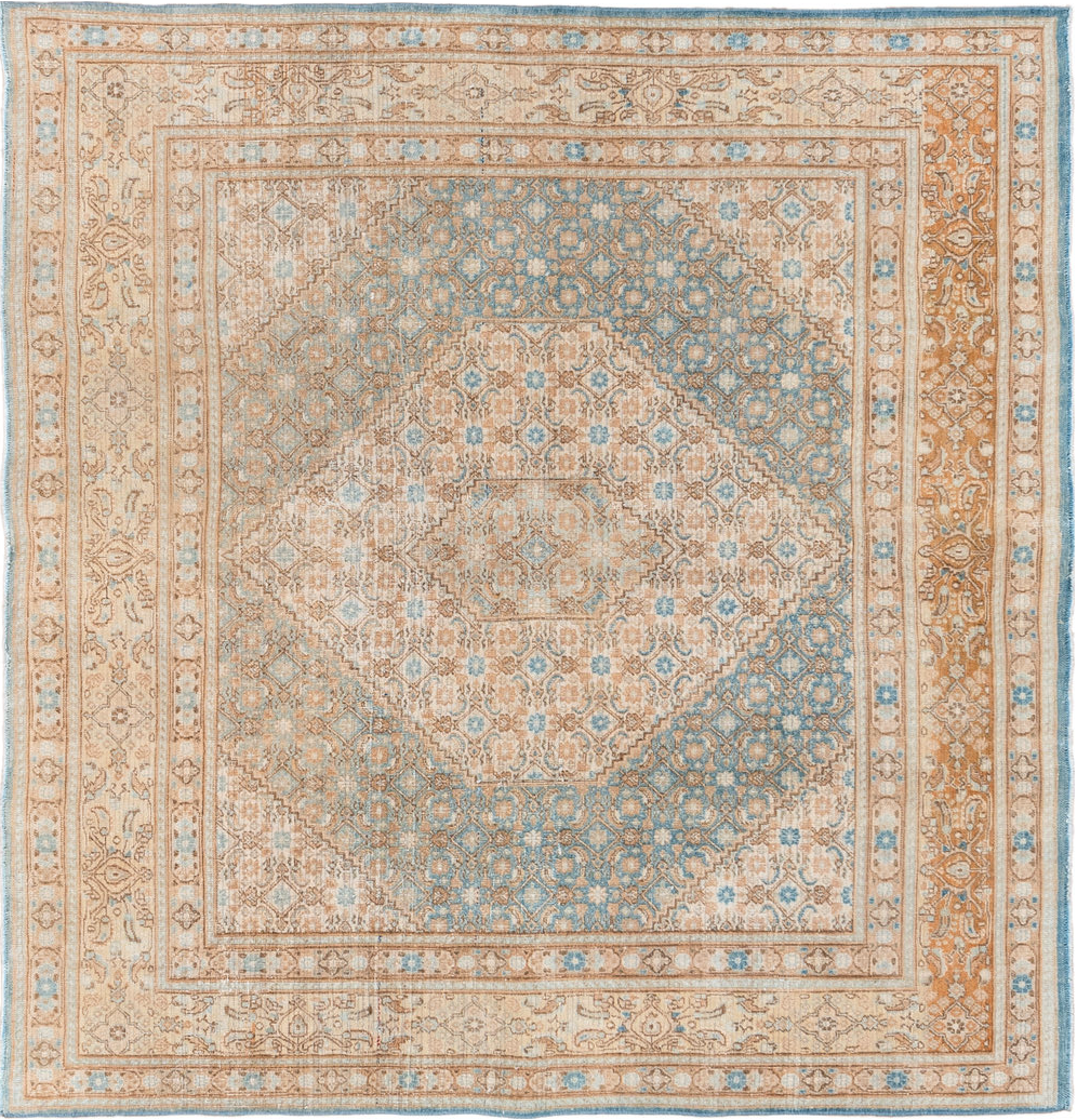 6' x 6' one-of-a-kind handmade vintage Meshed rug. Color palette: brown, dark gray, gray, light gray, off-white, orange