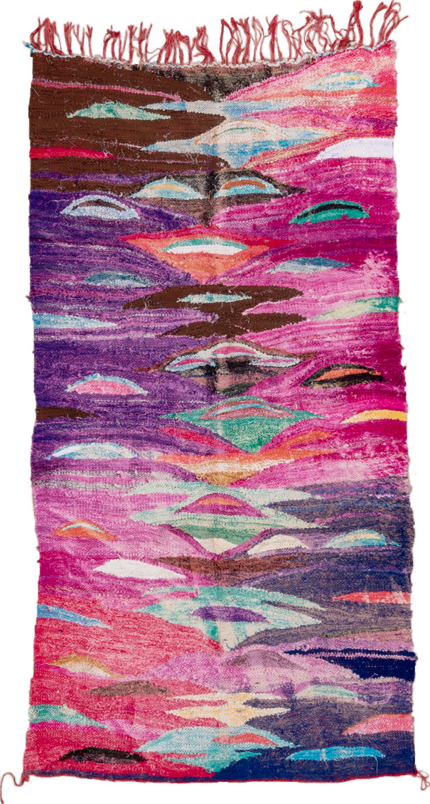 4' x 7' one-of-a-kind handmade vintage Rag Rug rug. Color palette: blue, brown, gray, green, light gray, off-white, pink