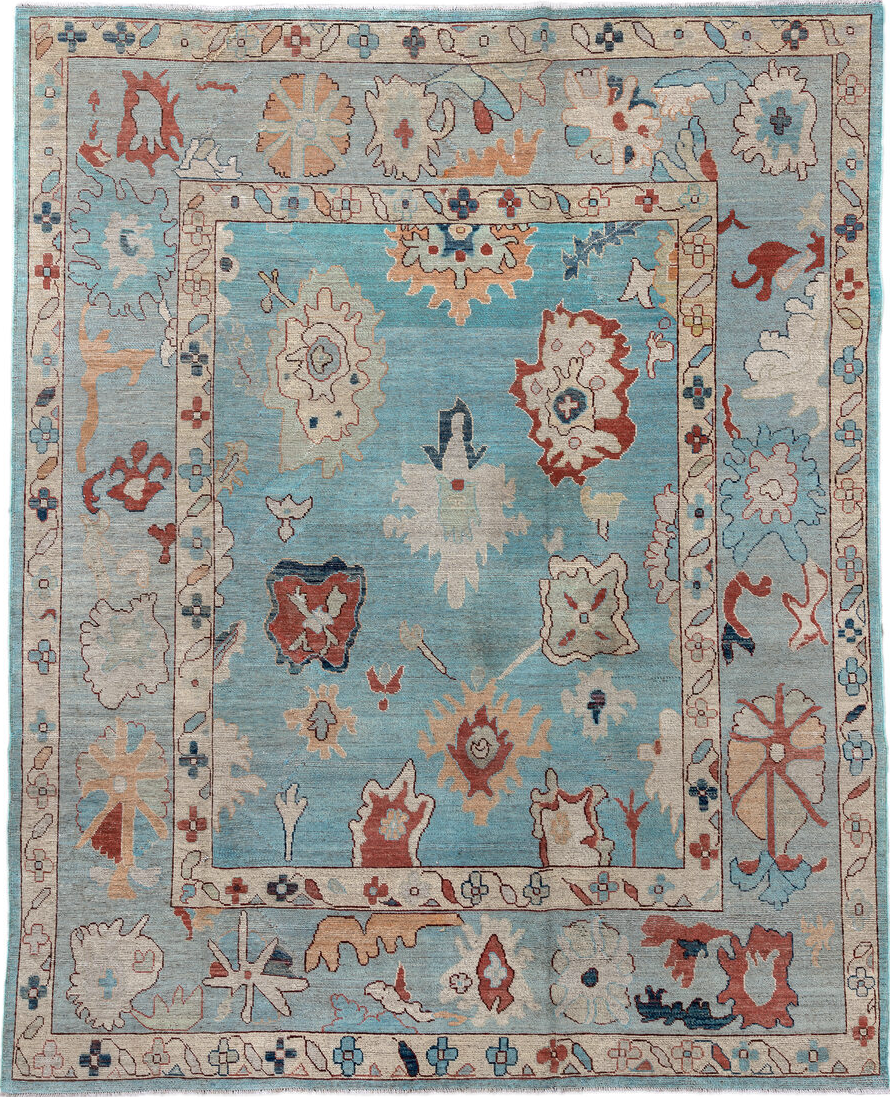 7' x 9' one-of-a-kind handmade vintage Oushak rug. Color palette: blue, brown, dark gray, dim gray, gray, light gray
