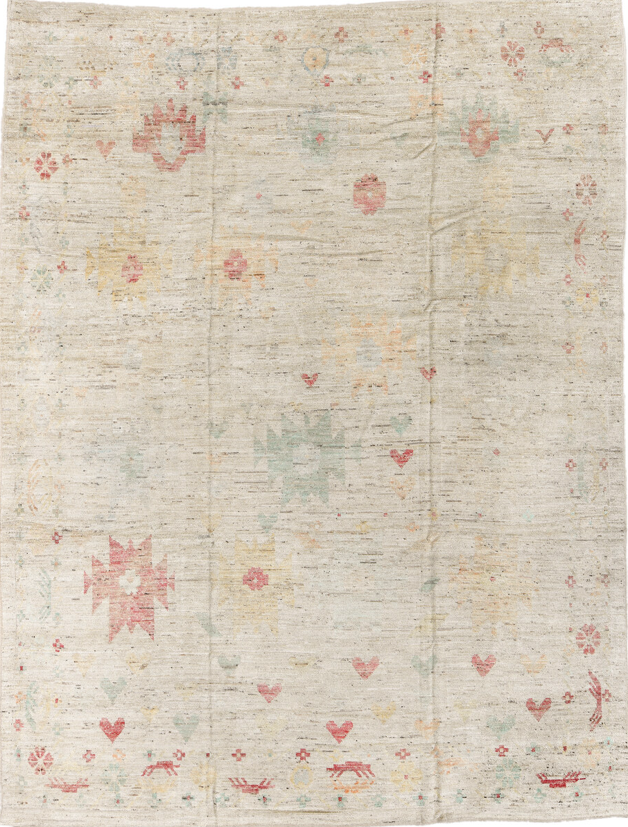 10' x 13' one-of-a-kind handmade vintage Tulu large size rug. Color palette: brown, gray, light gray, off-white, pink