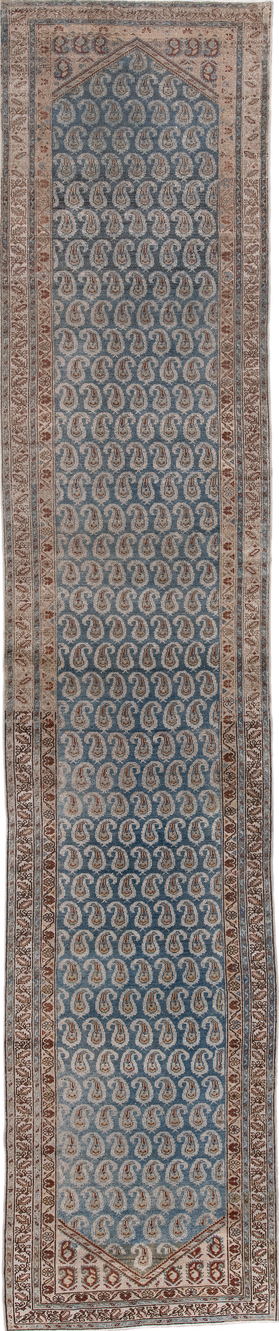 3' x 16' one-of-a-kind handmade vintage Malayer runner rug. Color palette: black, blue, brown, gray, light blue, light gray