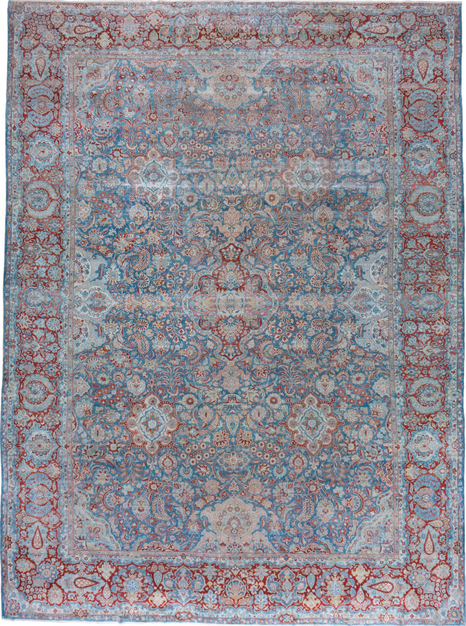 11' x 16' one-of-a-kind handmade vintage Kashan oversize rug. Color palette: blue, brown, gray, light blue, light gray