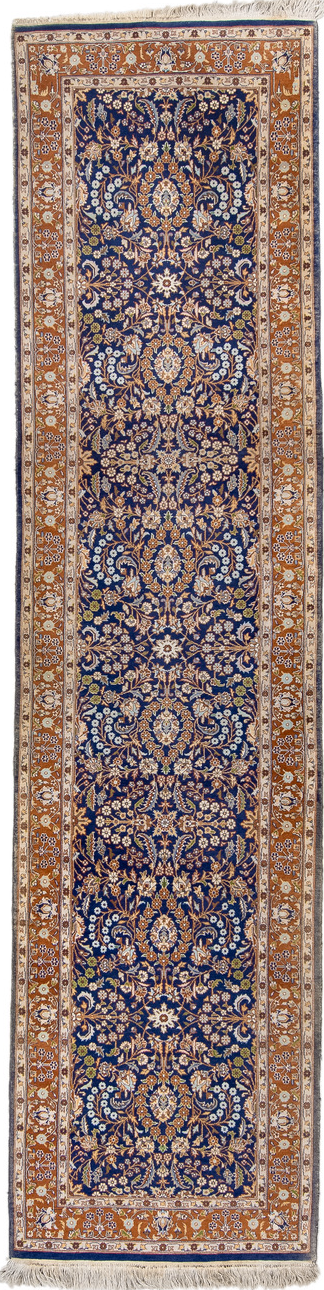 2' x 10' one-of-a-kind handmade vintage Kashmir runner rug. Color palette: brown, gray, light gray, off-white, pink, orange