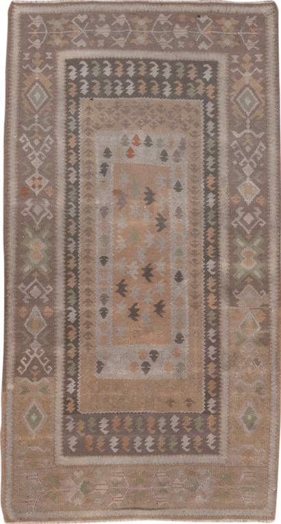 3' x 5' one-of-a-kind handmade vintage Belouch small size rug. Color palette: gray, light gray, off-white, pink, snow, white