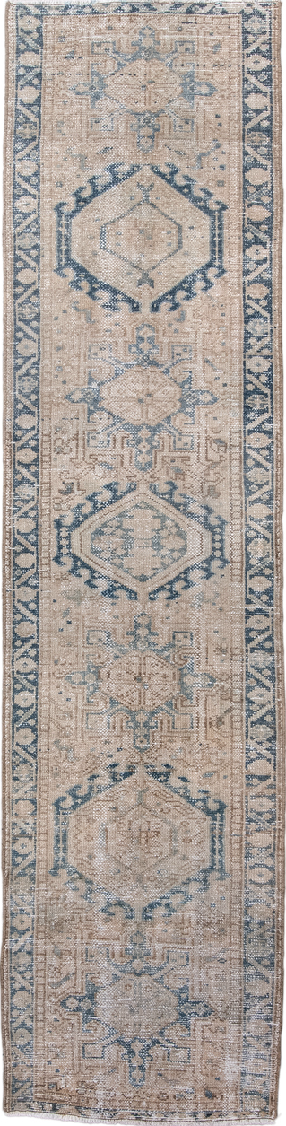 2' x 10' one-of-a-kind handmade vintage Karaje runner rug. Color palette: black, blue, dark gray, dim gray, gray, light gray