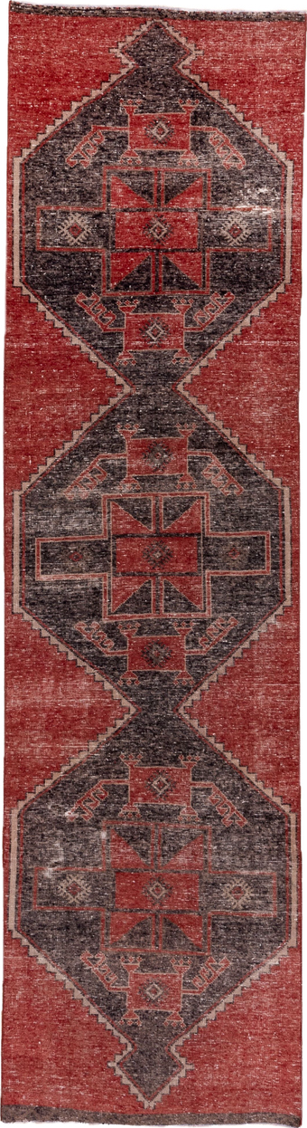 3' x 12' one-of-a-kind handmade vintage Oushak runner rug. Color palette: brown, gray, pink, red