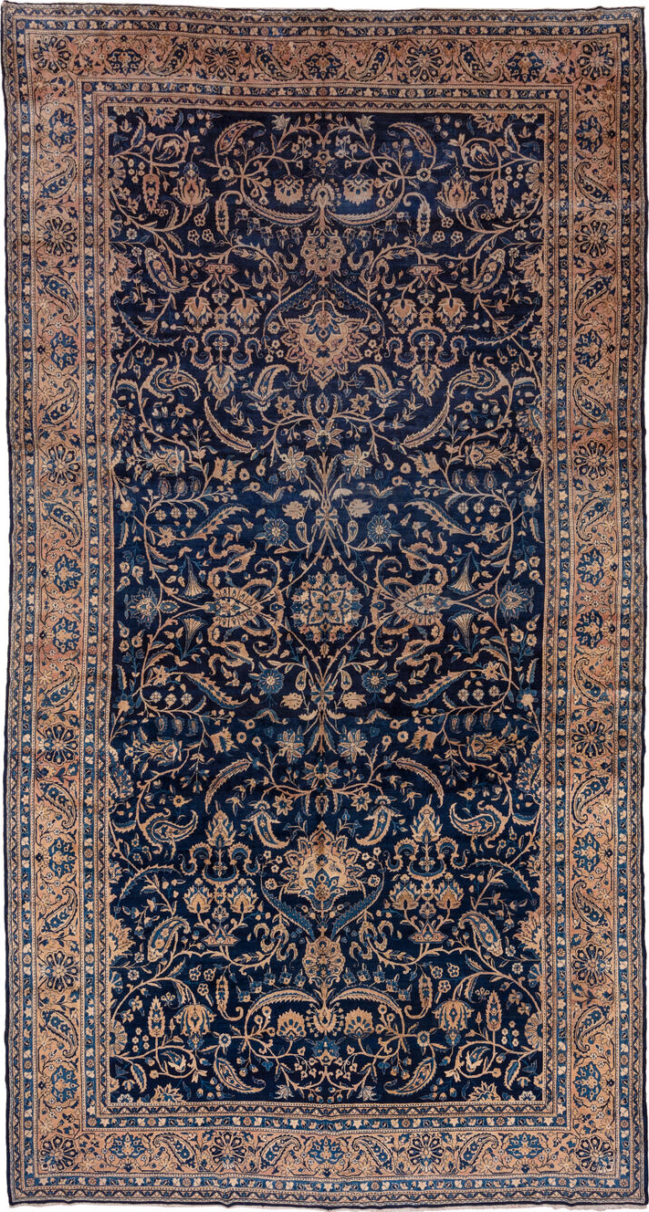 9' x 18' one-of-a-kind handmade vintage Kerman rug. Color palette: blue, brown, dim gray, gray, orange, pink