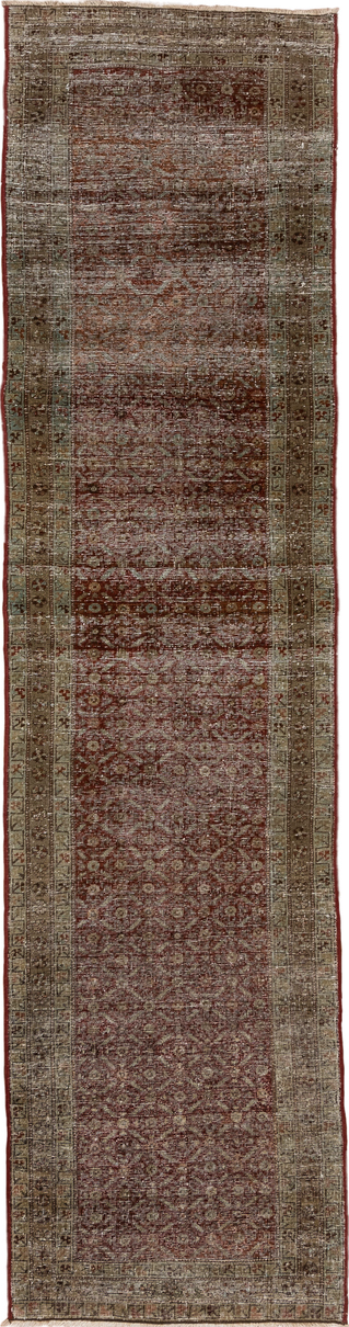 2' x 10' one-of-a-kind handmade vintage NW Persian runner rug. Color palette: brown, gray, light gray, off-white, pink