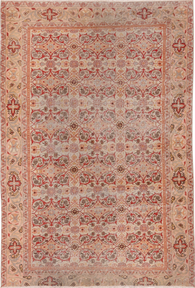 4' x 5' one-of-a-kind handmade vintage Oushak small size rug. Color palette: brown, gray, light gray, off-white, pink, red