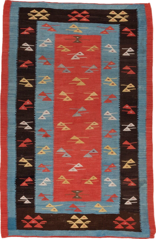 3' x 5' one-of-a-kind handmade vintage Kilim small size rug. Color palette: black, blue, brown, gray, light gray, pink, red