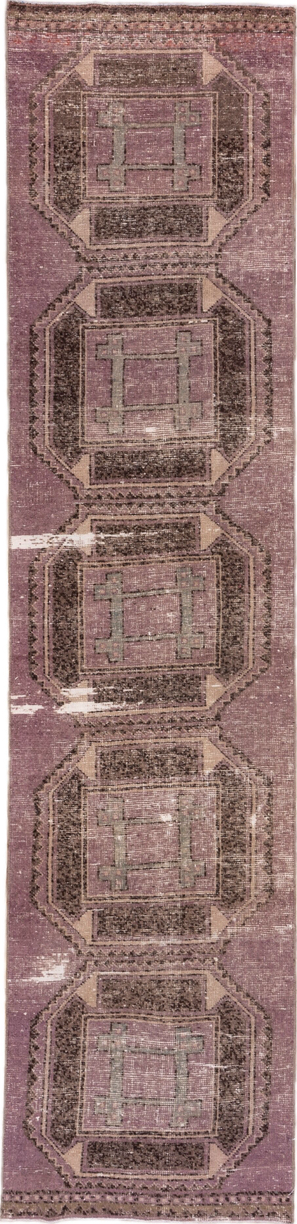 2' x 11' one-of-a-kind handmade vintage Oushak runner rug. Color palette: brown, gray, light gray, off-white, pink, snow