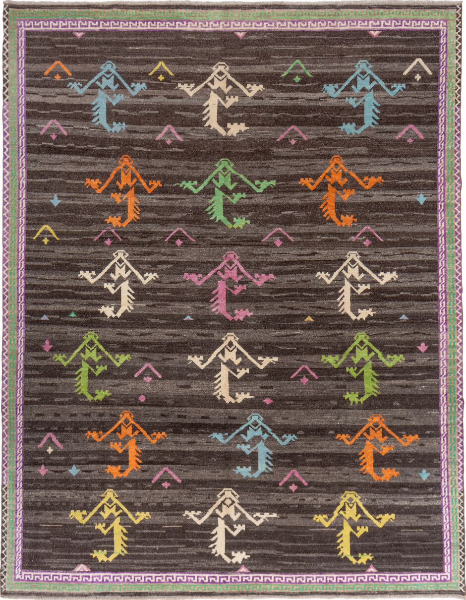 10' x 13' one-of-a-kind handmade vintage Kars large size rug. Color palette: blue, brown, gray, green, light blue
