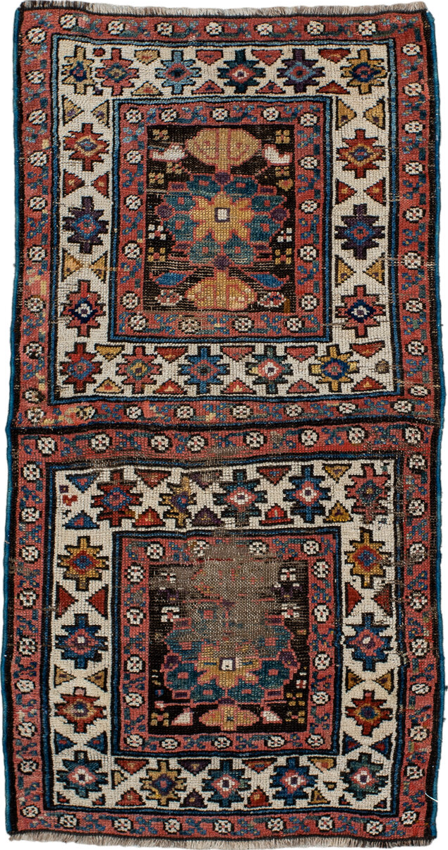 1' x 3' one-of-a-kind handmade vintage Kurd small size rug. Color palette: gray, orange, off-white, blue, black, brown, red
