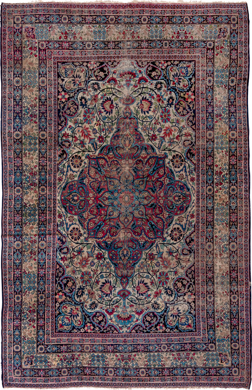 9' x 14' one-of-a-kind handmade vintage Lavar large size rug. Color palette: black, blue, brown, dark gray, gray, light gray