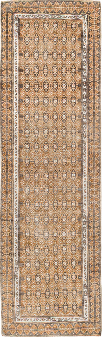 3' x 11' one-of-a-kind handmade vintage Anatol runner rug. Color palette: brown, gray, light gray, linen, off-white