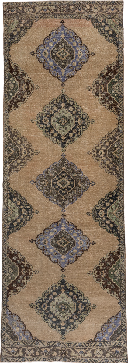 4' x 12' one-of-a-kind handmade vintage Oushak runner rug. Color palette: black, brown, charcoal, dim gray, gray, orange