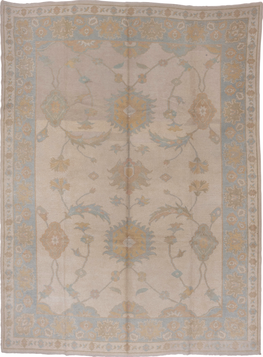 9' x 12' one-of-a-kind handmade vintage Oushak large size rug. Color palette: brown, dark gray, gray, light gray, off-white