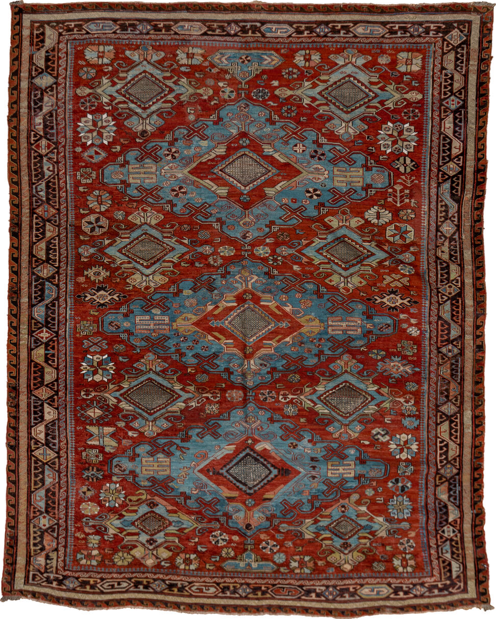6' x 8' one-of-a-kind handmade vintage Sumak medium size rug. Color palette: black, blue, brown, dim gray, gray, light gray