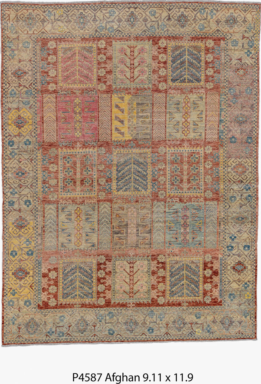 9' x 11' one-of-a-kind handmade vintage Afghan large size rug. Color palette: blue, brown, dim gray, gray, light gray