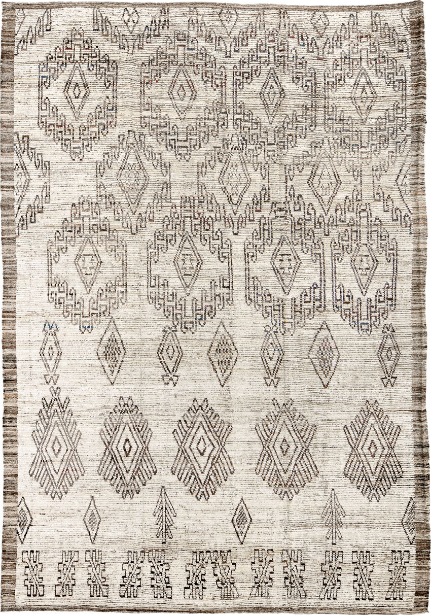 9' x 14' one-of-a-kind handmade vintage Tulu large size rug. Color palette: blue, gainsboro, gray, light gray, linen