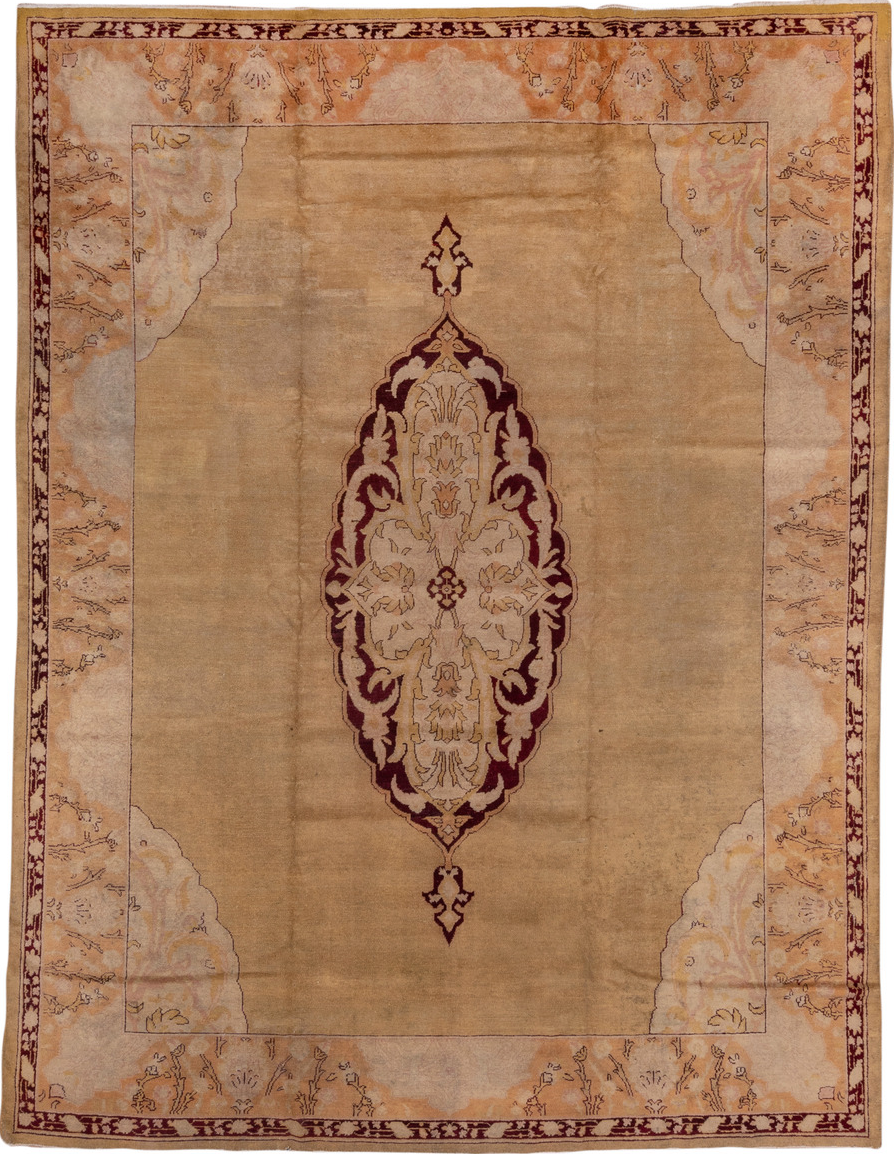 9' x 11' one-of-a-kind handmade vintage Agra large size rug. Color palette: brown, pink, saddle brown, tan
