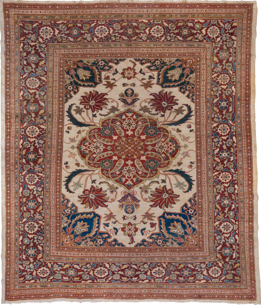 12' x 14' one-of-a-kind handmade vintage Sultanabad oversize rug. Color palette: brown, gray, red, blue, pink, black