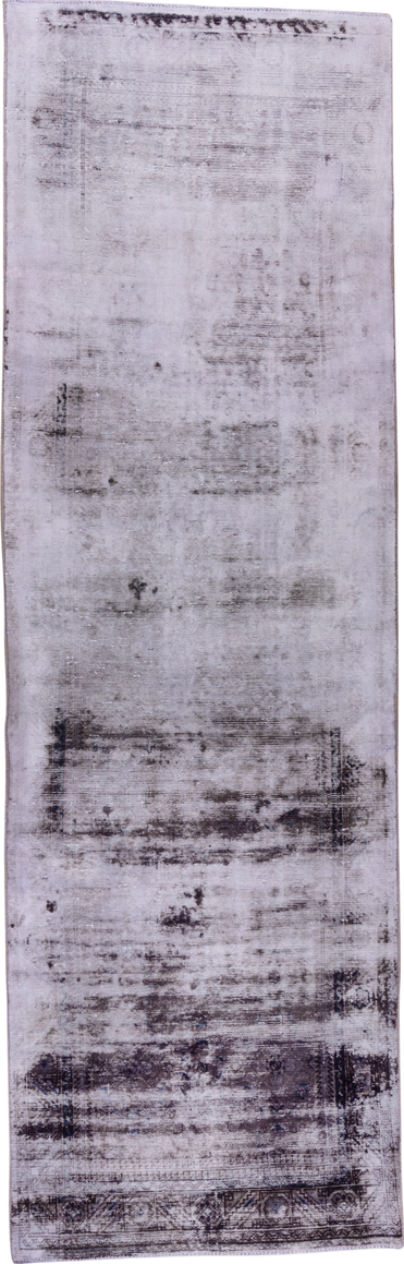 3' x 10' one-of-a-kind handmade vintage Overdyed runner rug. Color palette: blue, gainsboro, gray, light blue, light gray