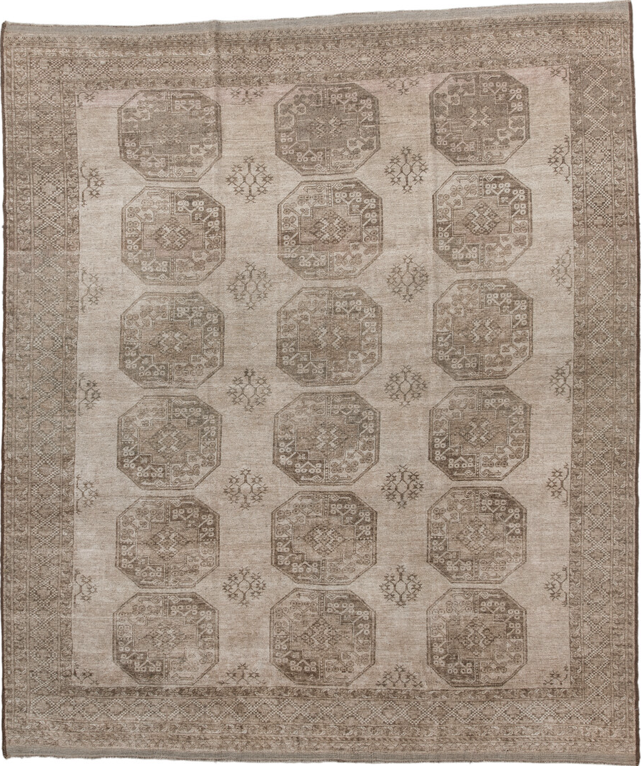 7' x 8' one-of-a-kind handmade vintage Afghan rug. Color palette: gray, light gray, pink