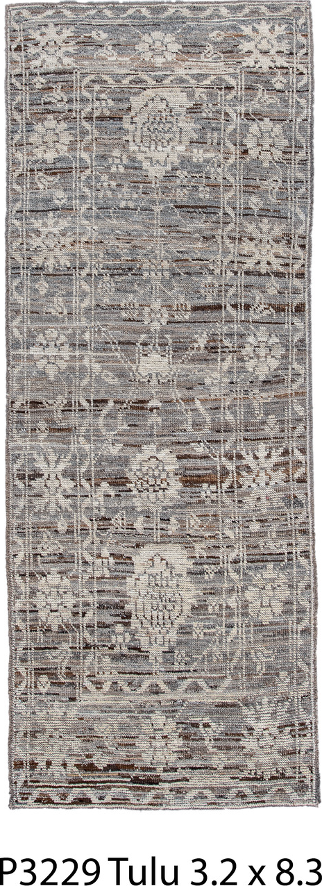 3' x 8' one-of-a-kind handmade vintage Tulu runner rug. Color palette: black, dark gray, dim gray, gainsboro, gray